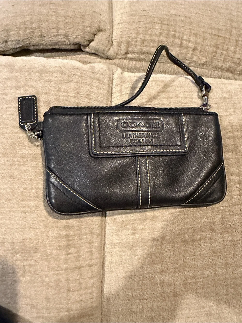 Coach Black Leather Zip Wristlet with Contrast Stitching